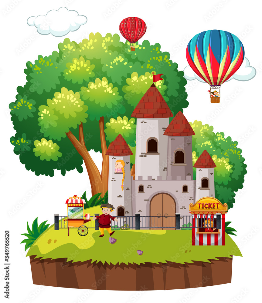 Scene with big castle towers and balloons in the park