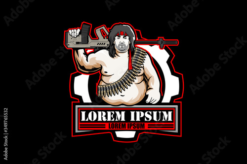 fat man with a machine gun or rifle vector logo template