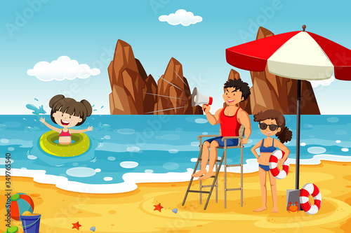 Ocean scene with people having fun on the beach