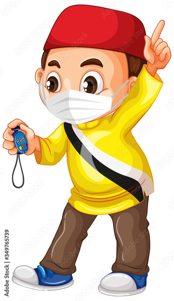 Muslim boy wearing mask and holding timer Muslim boy wearing mask and holding timer