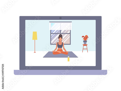 A girl is meditating at home by yoga exercise, sitting in a yoga lotus pose on a laptop screen. Vector flat illustration of meditating, training at home by the online platform, program, live video