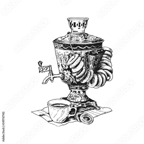 Russian Samovar or Boiling Tank Standing on Table with Cup of Hot Tea and Bread Rings Vector Illustration