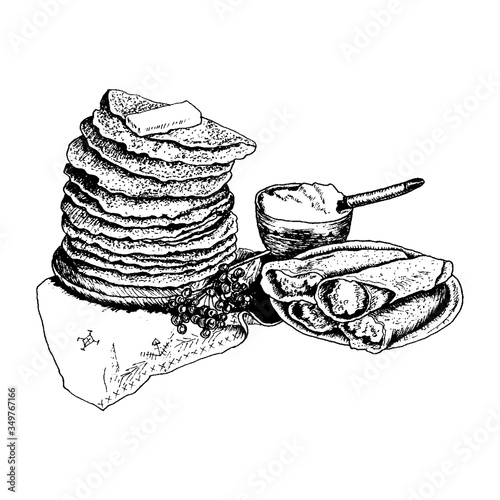 Pile of Blinis or Pancakes Stacked on Table with Sour Cream Vector Illustration