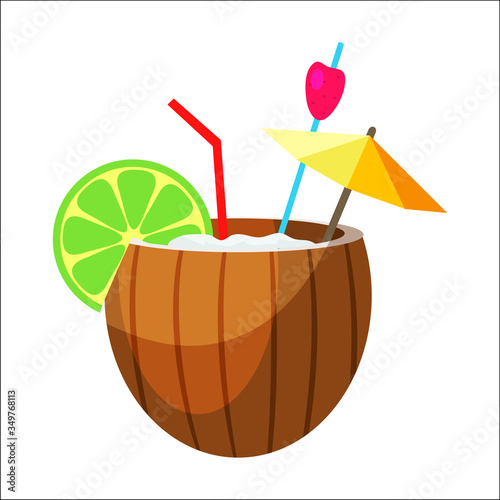 Exotic coconut cocktail with decoration on white
