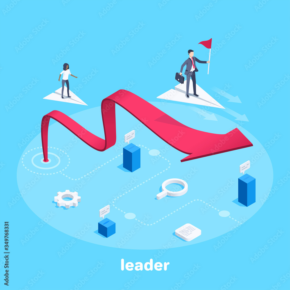 isometric vector image on a blue background, a man in a business suit with a flag flies on a paper plane over a red arrow tending upwards, a leader in business isometric vector image on a blue background, a man in a business suit with a flag flies on a paper plane over a red arrow tending upwards, a leader in business