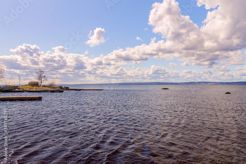 Spring day landscape of Lake Onega from the opposite side of the city of Petrozavodsk.