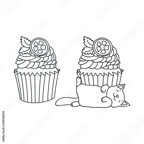 Cupcake and kitten. Cute illustration of a lemon cupcake and a little white kitten sleeping in front of a cupcake. Objects isolated on white. Vector 8 EPS.