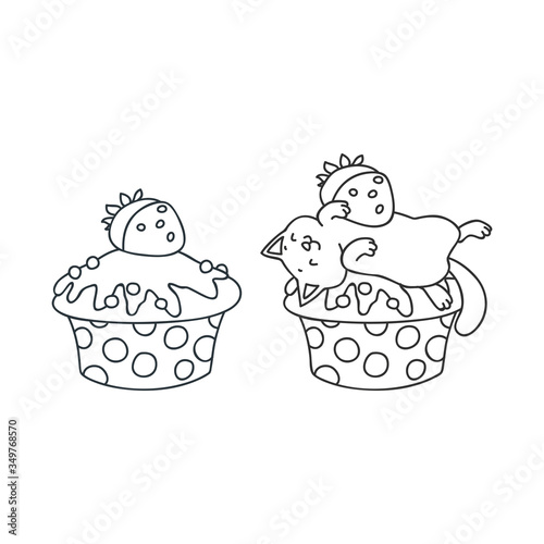 
Cupcake and kitten. Cute illustration of a strawberry cupcake and a little white kitten sleeping on a cupcake. Objects isolated on white. Vector 8 EPS.