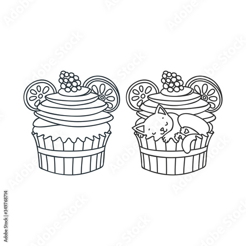 Cupcake and kitten. Cute illustration of a raspberry cupcake and a little white kitten sleeping in a cupcake. Objects isolated on white. Vector 8 EPS.