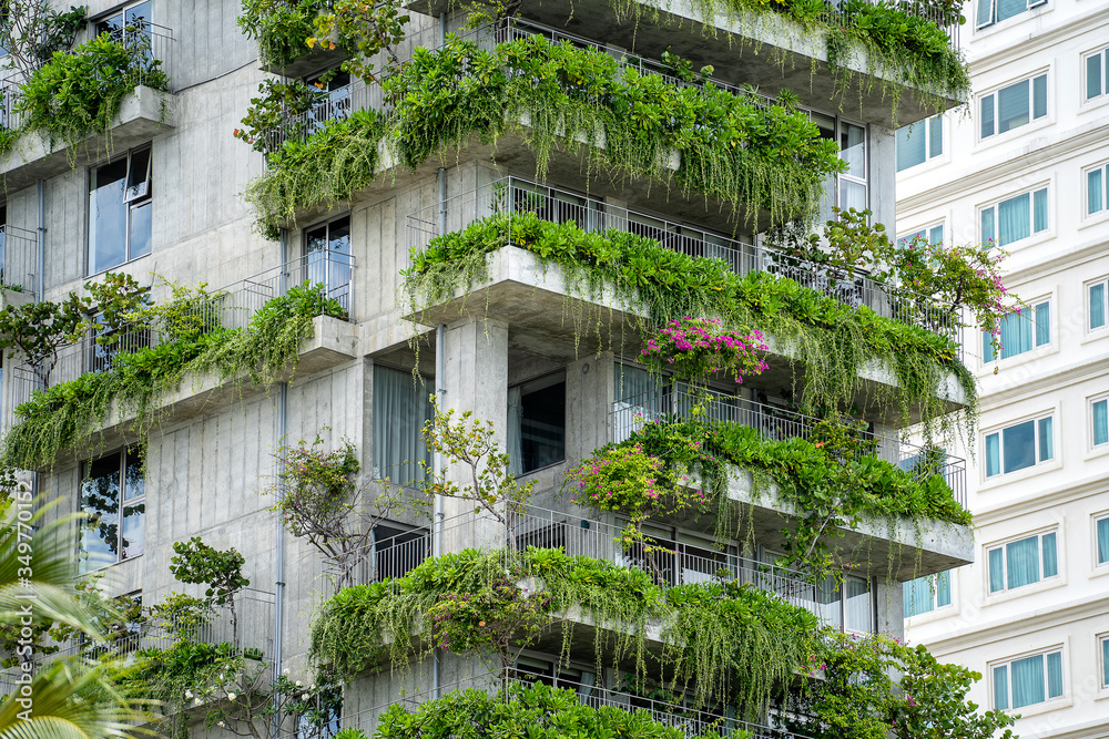 Ecological buildings facade with green plants and flowers on stone wall of the facade of the house on the street of Danang, Vietnam