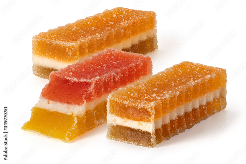 Three marmalade fruit candies on white background Three marmalade fruit candies on white background
