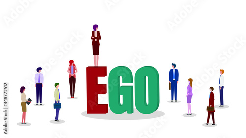 Business executives stand on the large letters "EGO" with a group of business people standing around watching. Isolated, white background. Vector illustration.