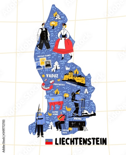 Liechtenstein map flat hand drawn vector illustration flag. Names lettering and cartoon landmarks, tourist attractions cliparts. Vaduz travel, trip comic infographic poster, banner concept design