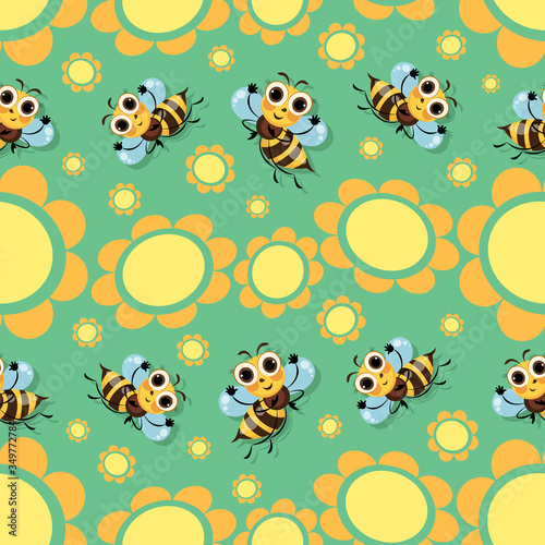 Bees swarm. Flowers glade  bees fly among the flowers. Green background. Seamless pattern