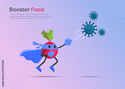 Funny cartoon character of red radish superhero fight against outbreak viruses and bacteria. Power of booster food concept to fight disease. vector illustration