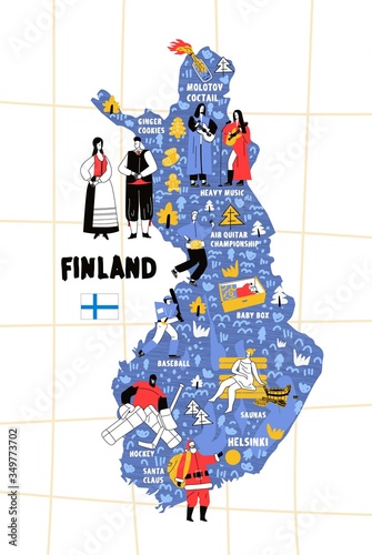 Finland map flat hand drawn vector illustration flag. Names lettering and cartoon landmarks, tourist attractions cliparts. Helsinki travel, trip comic infographic poster, banner concept design