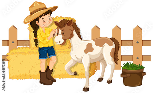 Farmgirl and cute pony on white background