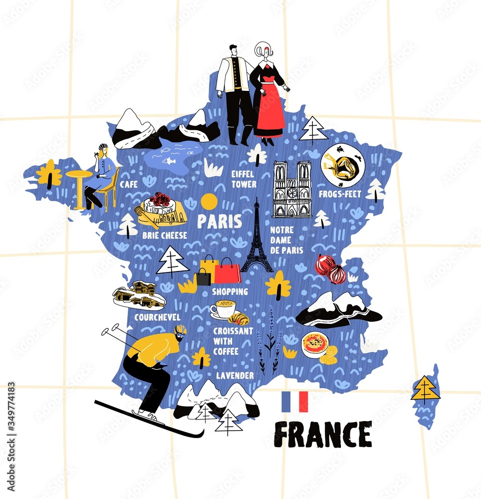 Vecteur Stock France Map Flat Hand Drawn Vector Illustration Flag 