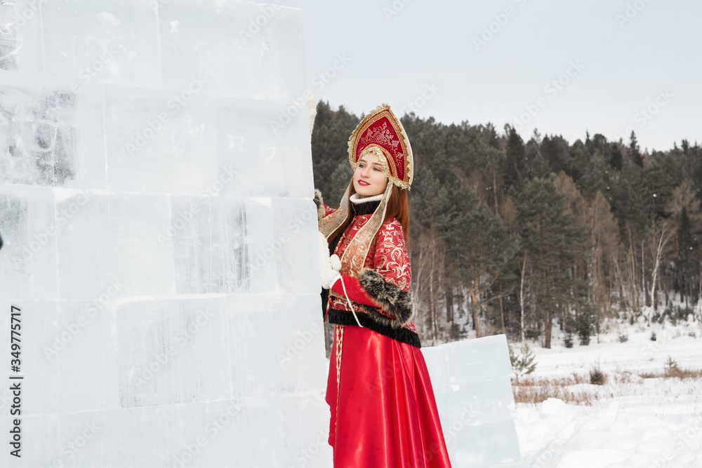 Snow woman in kokoshnik. Russian folk style in fashion