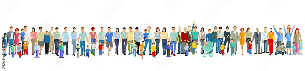 Happy families with children, parents and friends Happy families with children, parents and friends