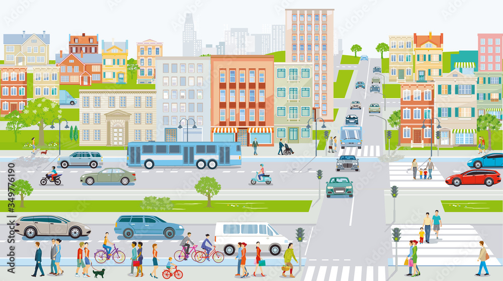 Stadt mit Öffentlichen Verkehr, Fußgänger und Straßenverkehr, Illustration