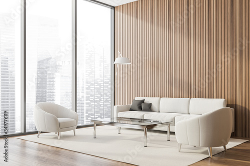 Panoramic wood lounge corner, armchairs and sofa