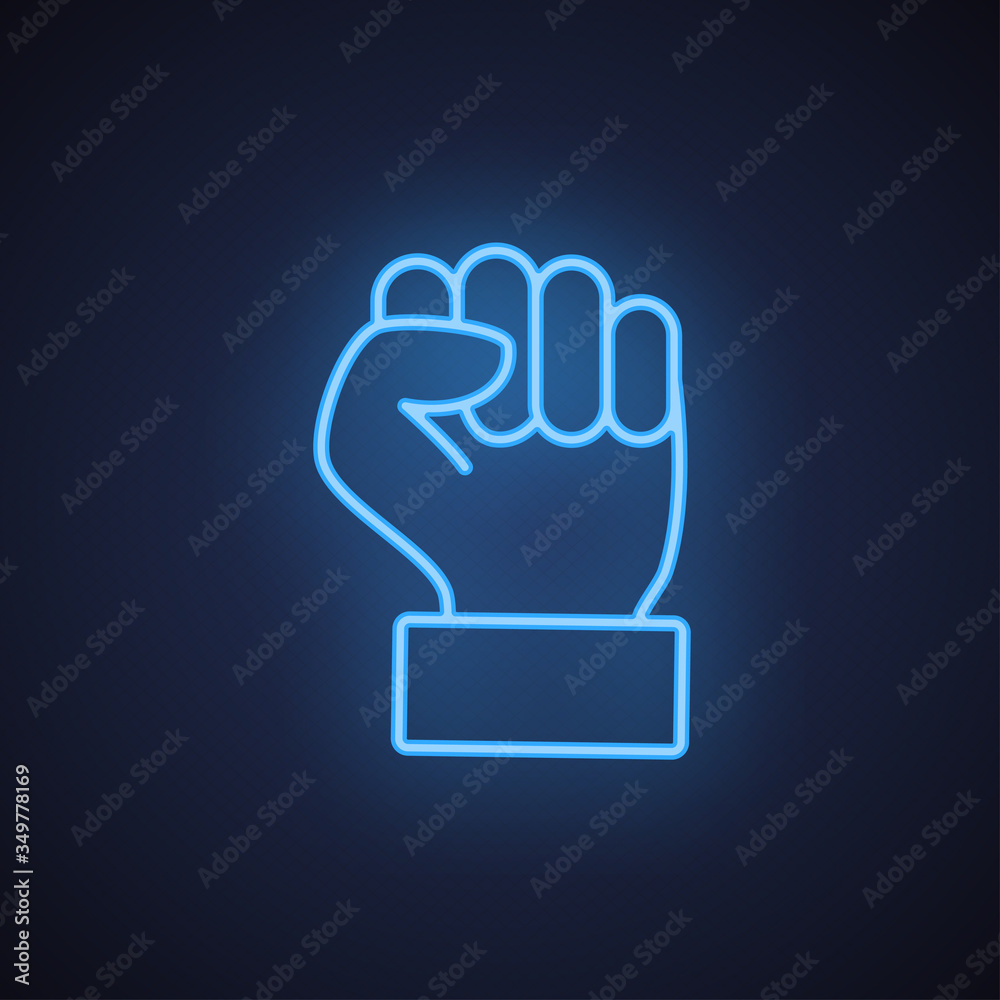 Raised fist hand gesture neon blue line icon Raised fist hand gesture neon blue line icon