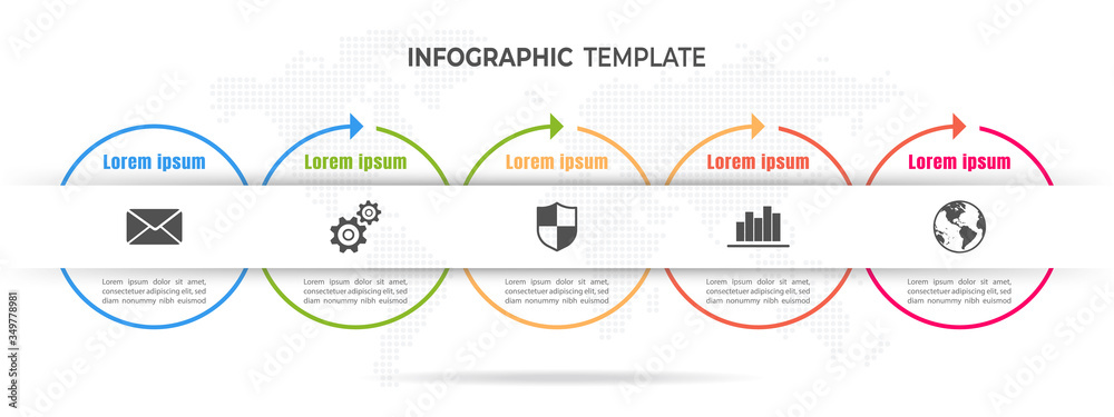 Naklejka premium Modern circles timeline infograpic 5 options.