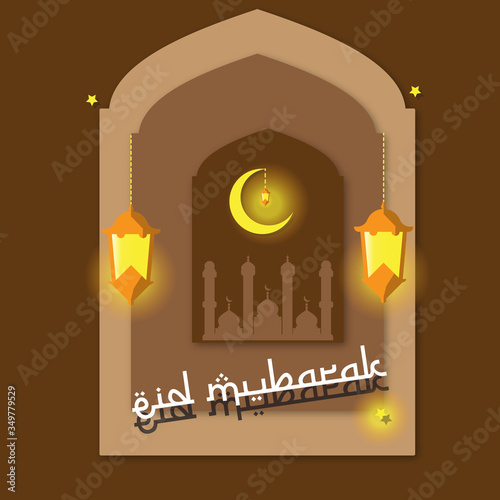 Eid Mubarak vector illustration with traditional malay mosque. Arabic caligraphy means Eid Mubarak