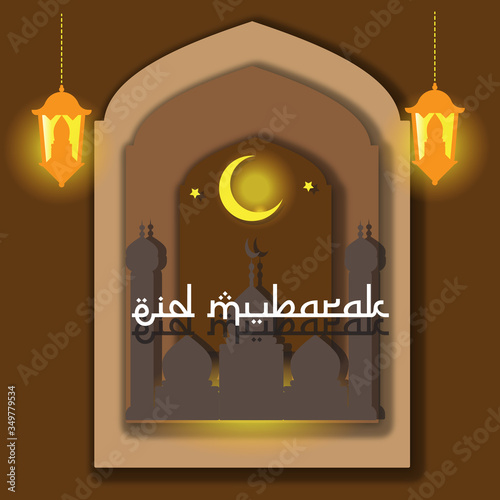 Eid Mubarak vector illustration with traditional malay mosque. Arabic caligraphy means Eid Mubarak