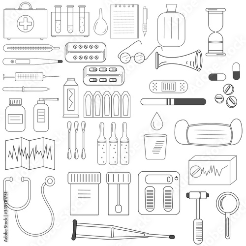 set the Doodle on the topic of medicine black outline, white background, vector illustration, design
