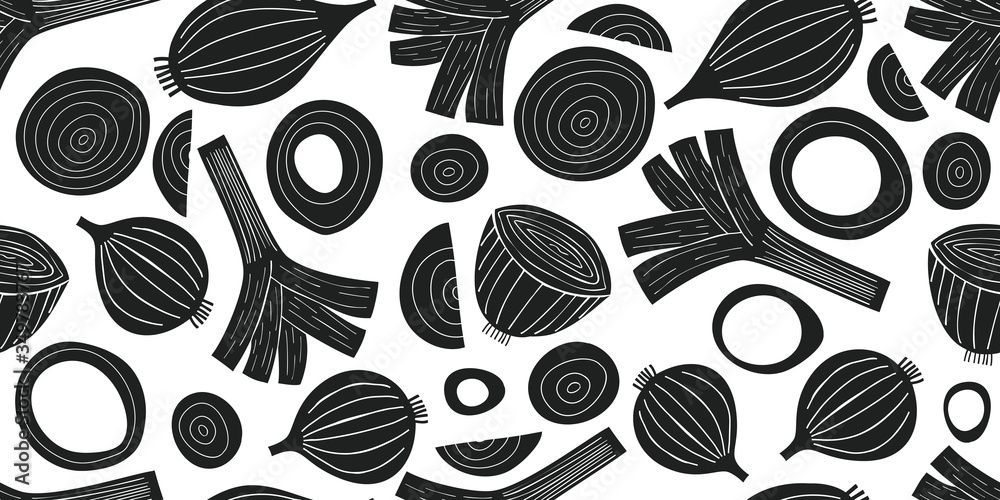 Hand drawn vector leek seamless pattern. Organic cartoon fresh vegetable illustrations. Cute vegetable botanical background. Hand drawn vector leek seamless pattern. Organic cartoon fresh vegetable illustrations. Cute vegetable botanical background.