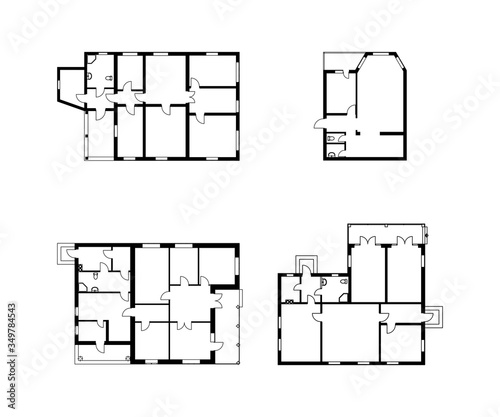Modern set of ground floor blueprints. Vector unfurnished floor plans for your design. Suburban house black and white set.
