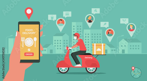 Delivery man riding bike on the way to customer home. Hand using smartphone with mobile app for online food delivery tracking order service. Smart technology logistic concept, vector flat illustration