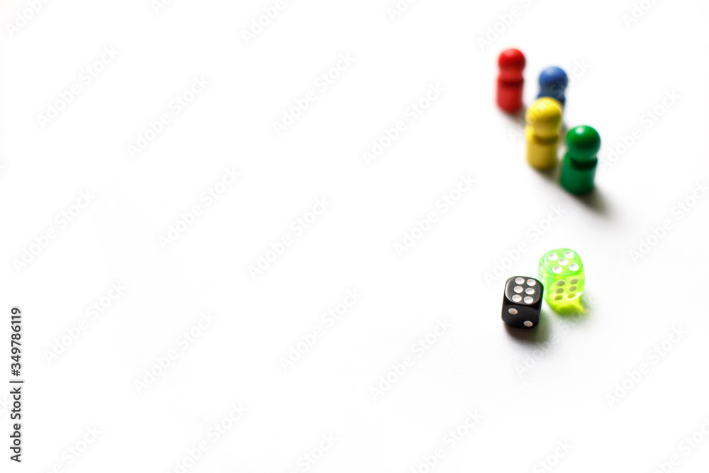 Game cubes, chips, hourglass on a white background. T