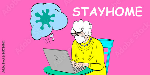 Elderly woman wearing antivirus mask reading news about coronavirus in the Internet and sitting at home during quarantine. Stay home concept. Comics cartoon vector illustration.