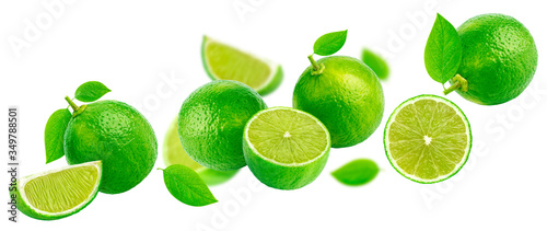 Falling lime isolated on white background with clipping path