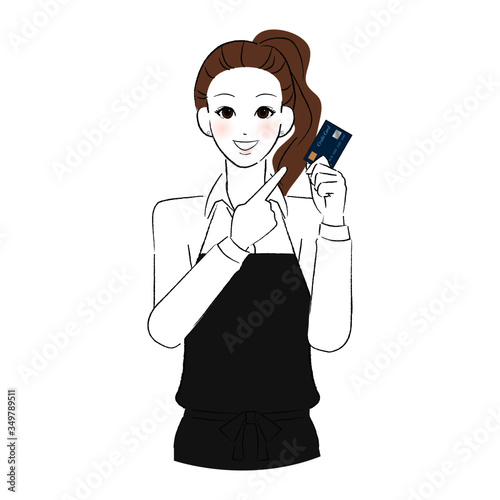 キャッシュカードを指差す女性店員