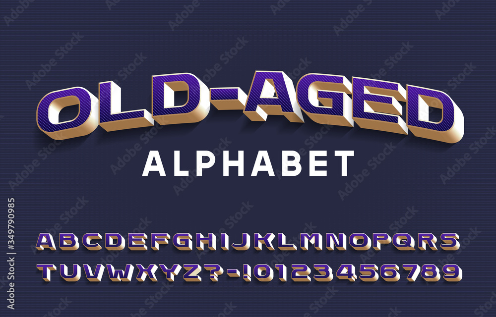 Old-aged alphabet font. 3D vintage letters and numbers with shadow. Vector typeface for your typography design.