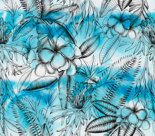  Tropical black and white print with watercolor color spots. Tropical background with flowers and leaves.