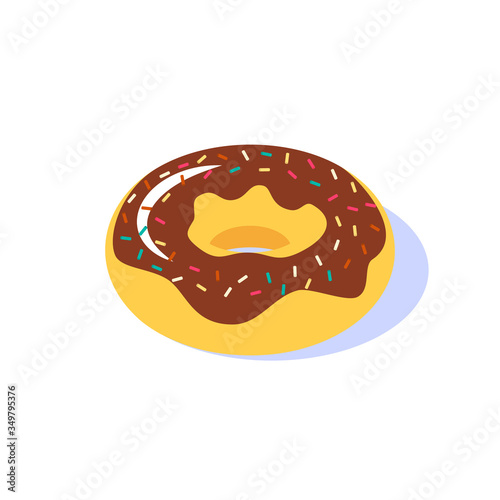 Isolated donut with chocolate icing and pastry topping on a white background.
