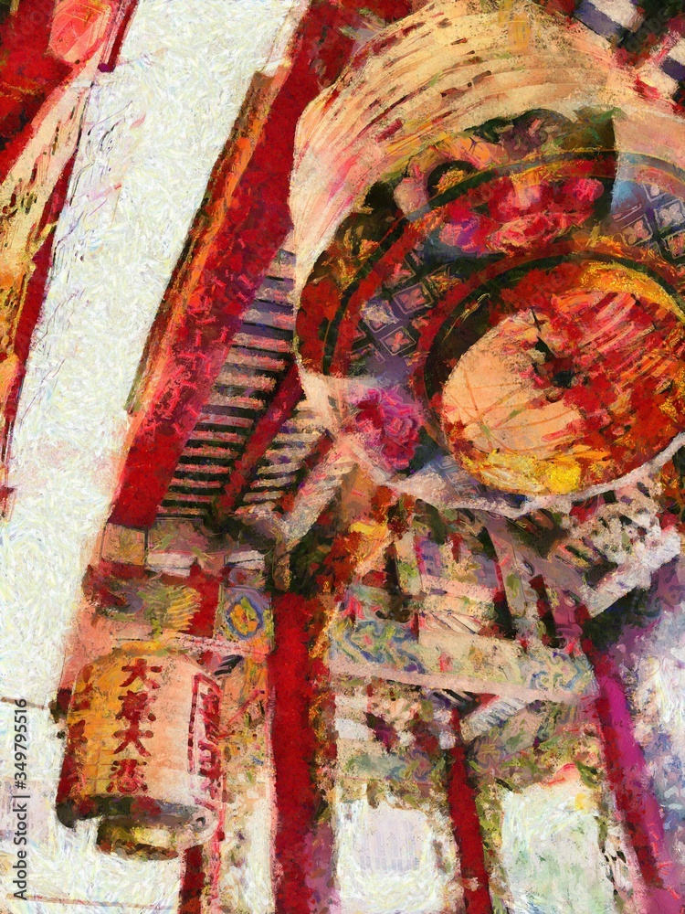 Fototapeta premium Ancient chinese shrine Illustrations creates an impressionist style of painting.