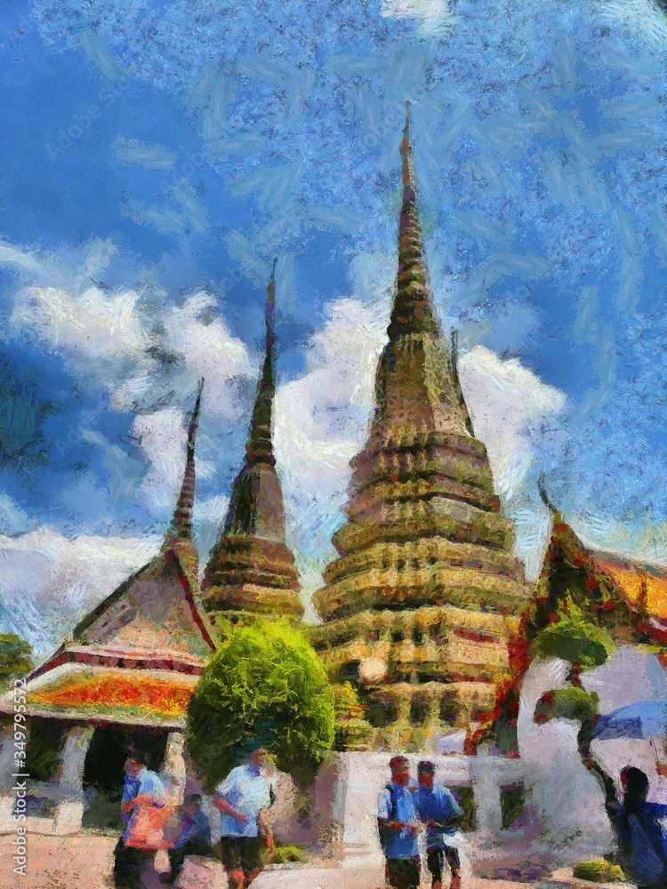 Fototapeta premium Ancient thai architecture Illustrations creates an impressionist style of painting.