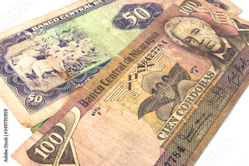 Nicaraguan banknotes. African banknotes. Africa crisis concept - money. The fall of the African currency and the economy. Depreciation of African money