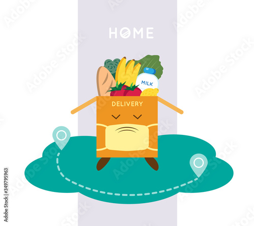 Illustration of the concept of contactless delivery. Contactless food delivery to the door of the house.