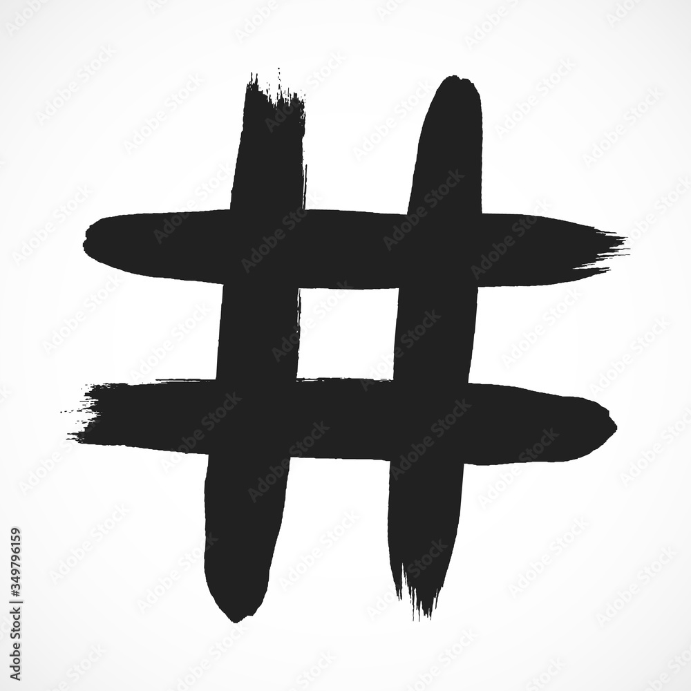 Obraz premium Hashtag hand drawn brush stroke dirty art symbol icon sign isolated on white background. Black and white composition of the symbol hashtag.