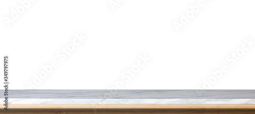 White marble tabletop isolated on white background empty marble table for montage product display or design key visual layout with clipping path.