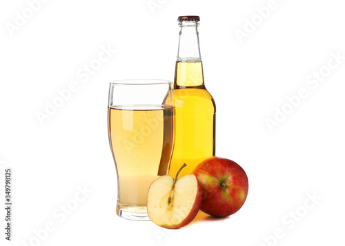 Apples, glass and bottle with cider isolated on white background