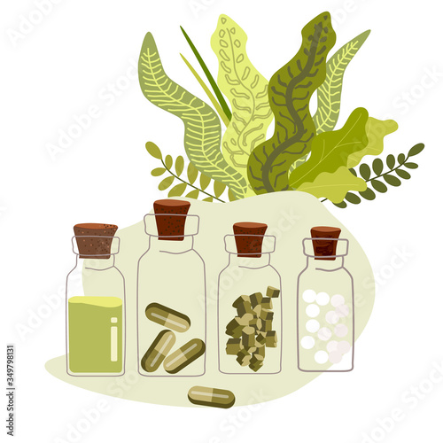 Homeopathy treatment banner, herbal alternative medicine, naturopathic therapy isolated on white vector illustration.