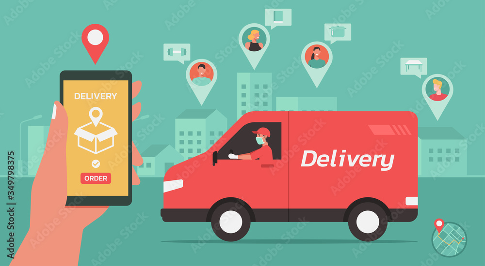 Delivery man driving van on the way to customer home. Hand using smartphone with mobile app for online delivery tracking and order service. Smart technology logistic concept, vector flat illustration